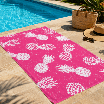 Toalla de playa rosa con piñas estampadas