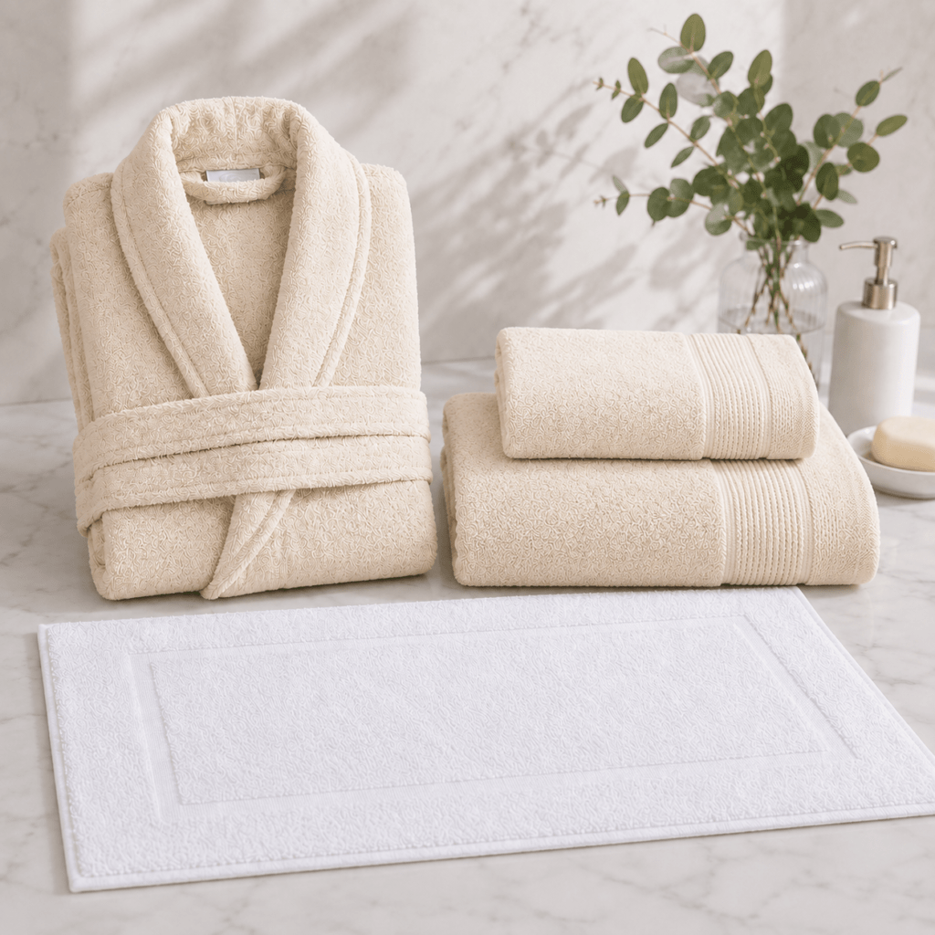 Pack Albornoz, Toallas y Alfombra de Baño 100% algodón con 25% de descuento